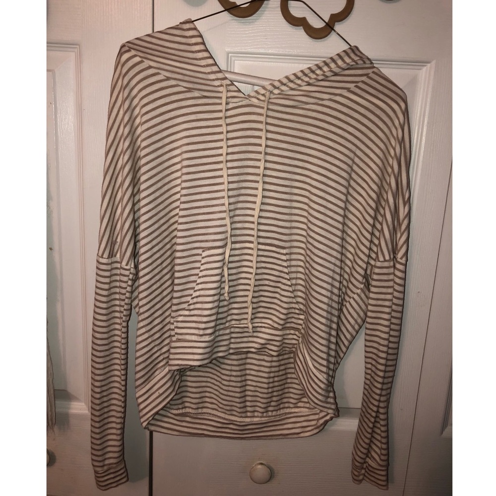 Tan and white striped sweatshirt style top